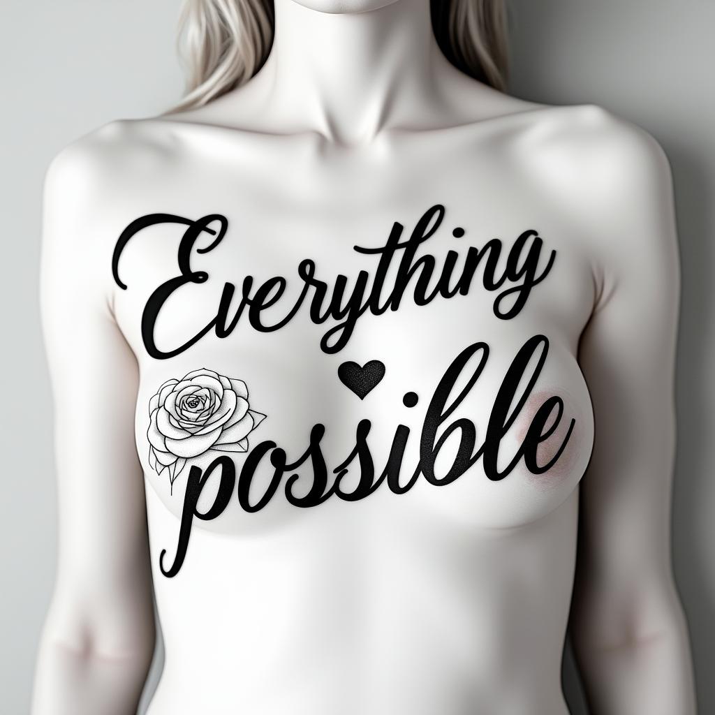 Everything is possiblein elegant cursive calligraphy style 2d tattoo, decorate with roses, featuring a smooth and flowing handwritten script with slightly thickened strokes for a luxurious and bold appearance, heart symbol between names, sleek and glossy black text with shadowing, minimalist matte white background, clean and sharp edges, illuminated with soft lighting, romantic, 8k, high-quality textures with refined typography