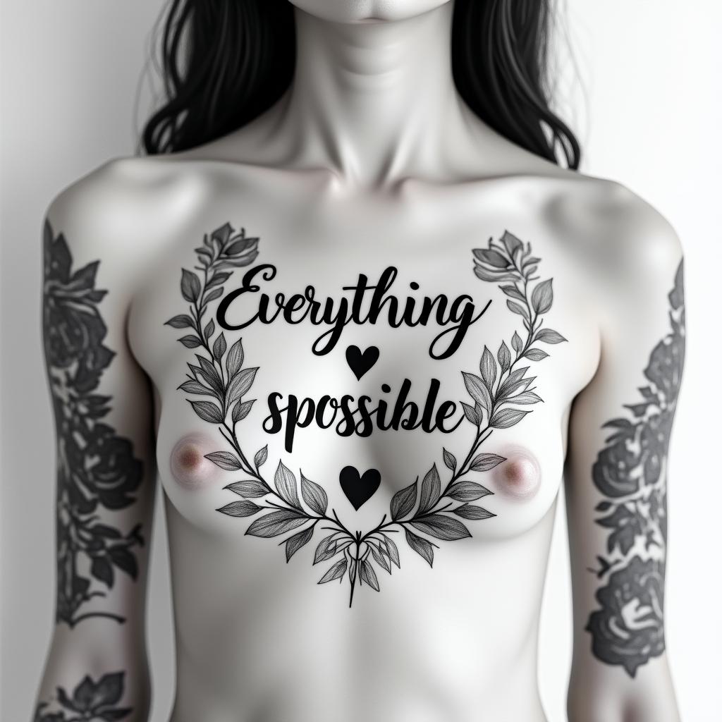 Everything is possiblein elegant cursive calligraphy style 2d tattoo, decorate with roses, featuring a smooth and flowing handwritten script with slightly thickened strokes for a luxurious and bold appearance, heart symbol between names, sleek and glossy black text with shadowing, minimalist matte white background, clean and sharp edges, illuminated with soft lighting, romantic, 8k, high-quality textures with refined typography - Variation 4