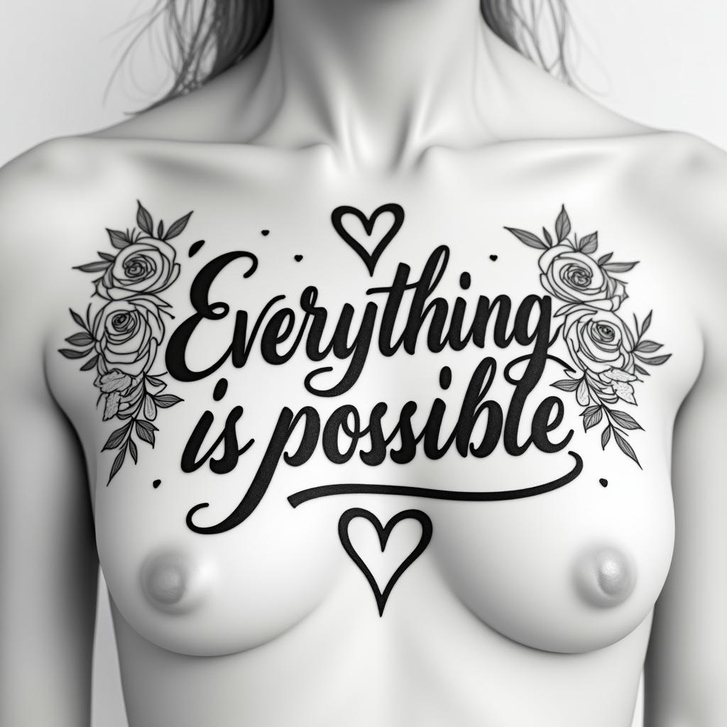 Everything is possiblein elegant cursive calligraphy style 2d tattoo, decorate with roses, featuring a smooth and flowing handwritten script with slightly thickened strokes for a luxurious and bold appearance, heart symbol between names, sleek and glossy black text with shadowing, minimalist matte white background, clean and sharp edges, illuminated with soft lighting, romantic, 8k, high-quality textures with refined typography - Variation 3