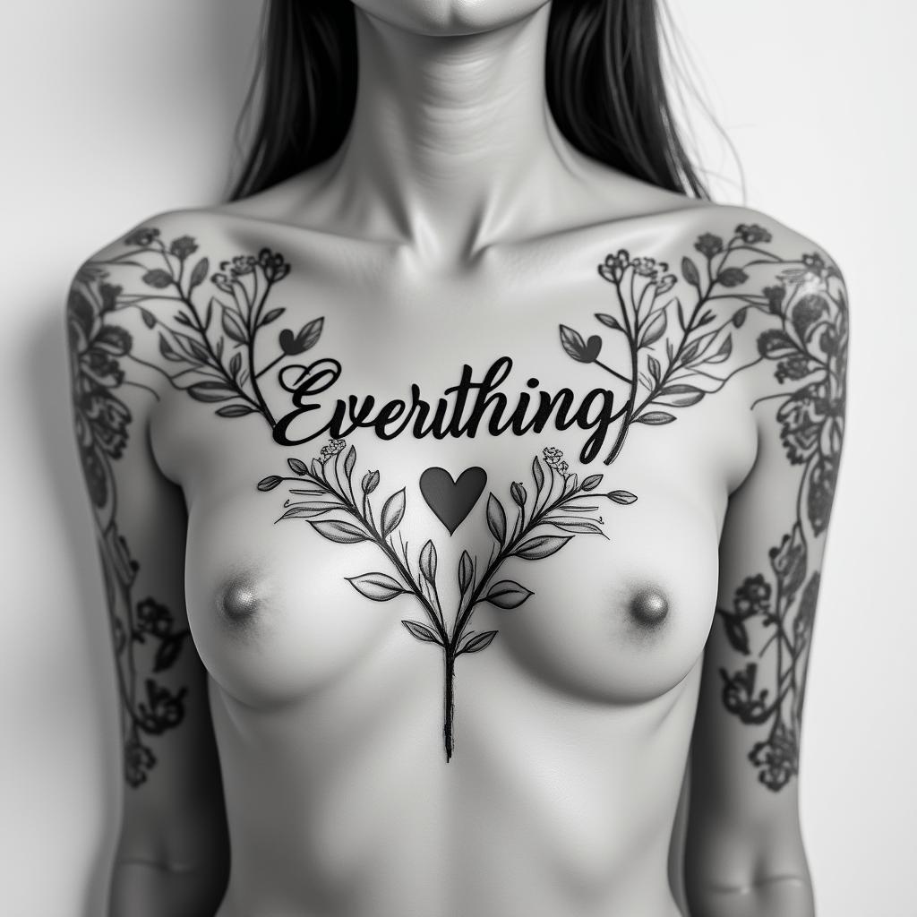 Everything is possiblein elegant cursive calligraphy style 2d tattoo, decorate with roses, featuring a smooth and flowing handwritten script with slightly thickened strokes for a luxurious and bold appearance, heart symbol between names, sleek and glossy black text with shadowing, minimalist matte white background, clean and sharp edges, illuminated with soft lighting, romantic, 8k, high-quality textures with refined typography - Variation 2