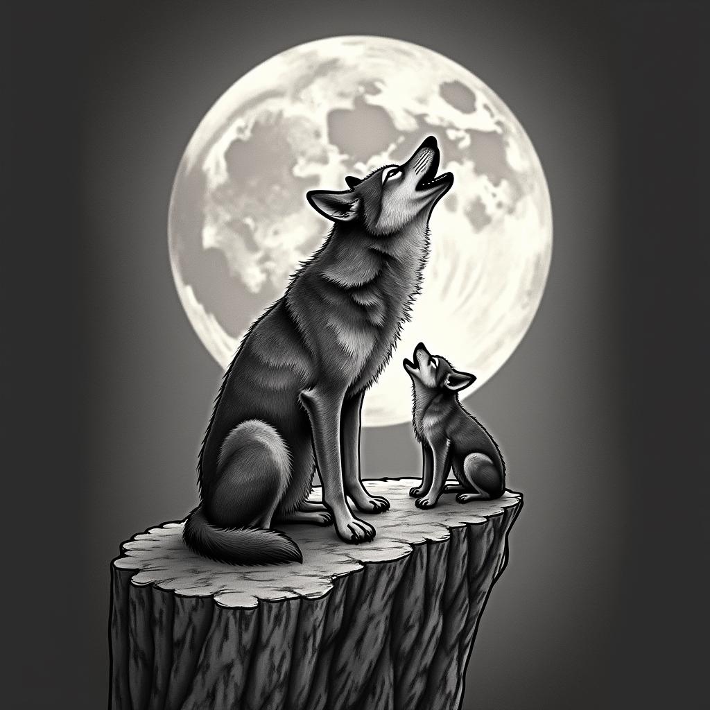 Howling wolf and cub under a full moon on a cliffin authentic tattoo style, incorporating traditional modifications, bold black outlines, solid color fills, featuring classic authentic elements - Variation 4
