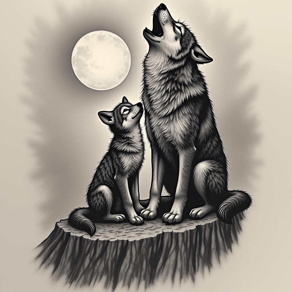 Howling wolf and cub under a full moon on a cliffin authentic tattoo style, incorporating traditional modifications, bold black outlines, solid color fills, featuring classic authentic elements - Variation 2