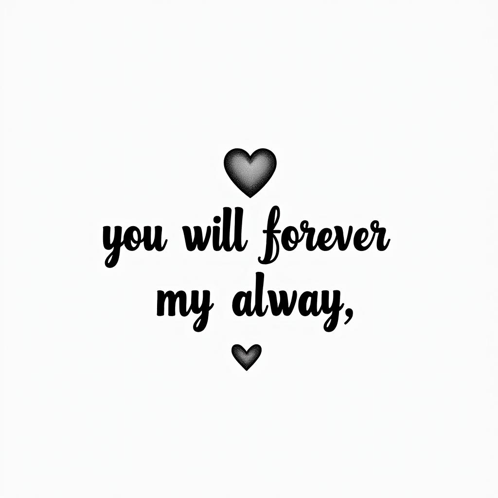 You will forever be my always ♡text-based tattoo, japanese font ultra-realistic, perfectly placed, high-quality font design, photo-realistic shading, 8k, high quality, finely detailed typograph