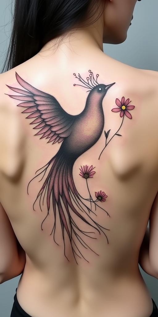 Phoenix bird with wildflowers as wings, clean lines, geometricin minimalist style tattoo, featuring simple shapes and fine lines, with minimal shading and details, tiny triangles, creating a sense of balance and harmony - Variation 2