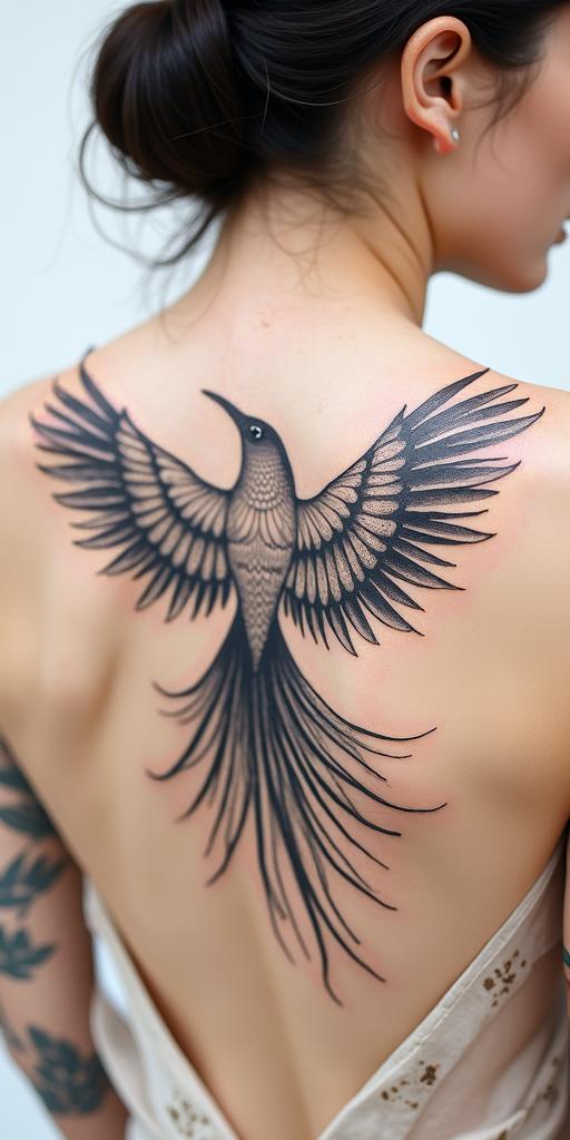 Phoenix bird with wildflowers as wings, clean lines, geometricin minimalist style tattoo, featuring simple shapes and fine lines, with minimal shading and details, tiny triangles, creating a sense of balance and harmony - Variation 1
