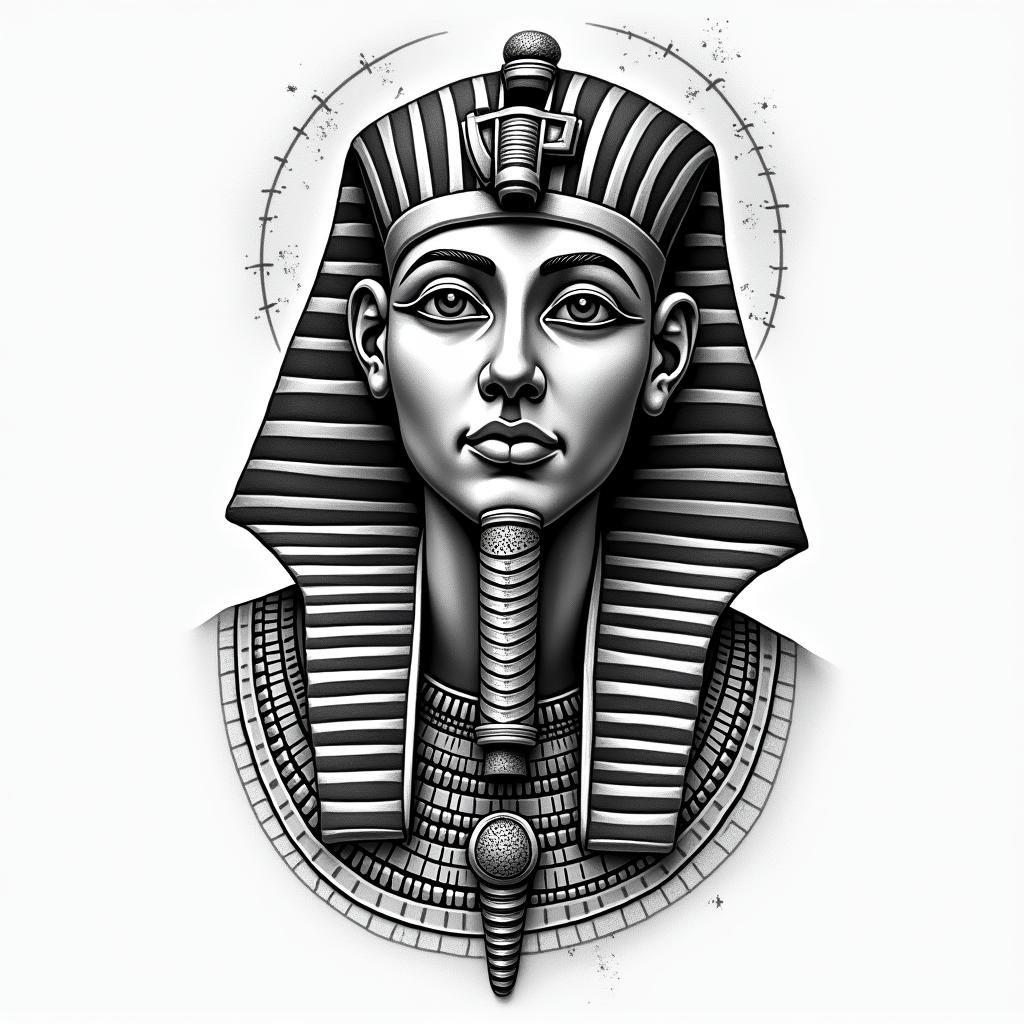 Knowledgein egyptian style tattoo, bold elements of ancient egyptian culture including a portrait of an Egyptian pharaoh with detailed facial features, in hieroglyphs and symbolic imagery, eye of horus, ankh symbol, scarab beetle - Variation 4