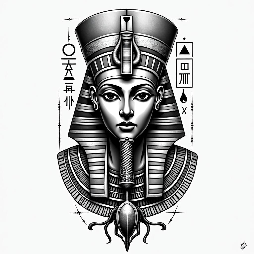 Knowledgein egyptian style tattoo, bold elements of ancient egyptian culture including a portrait of an Egyptian pharaoh with detailed facial features, in hieroglyphs and symbolic imagery, eye of horus, ankh symbol, scarab beetle - Variation 3