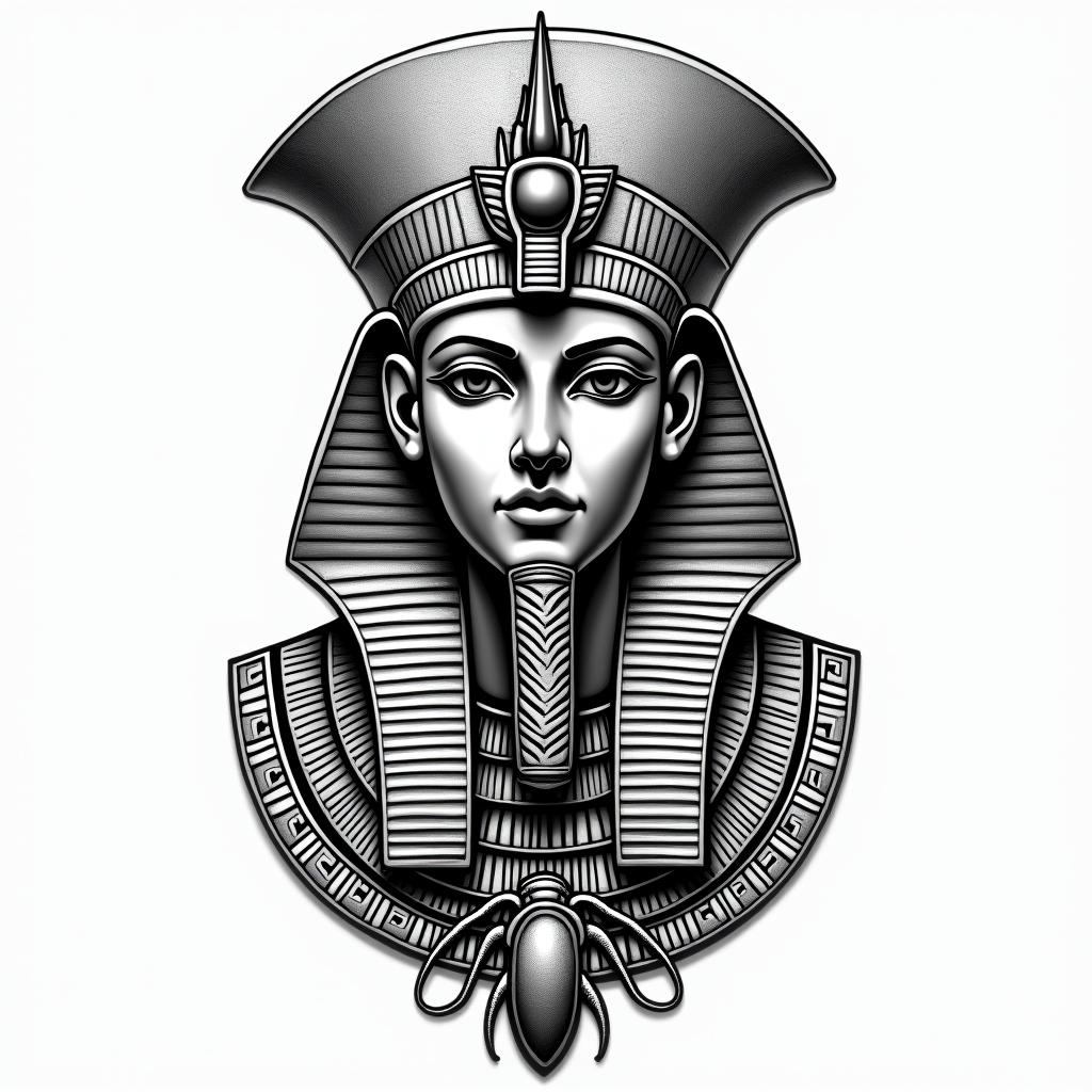 Knowledgein egyptian style tattoo, bold elements of ancient egyptian culture including a portrait of an Egyptian pharaoh with detailed facial features, in hieroglyphs and symbolic imagery, eye of horus, ankh symbol, scarab beetle