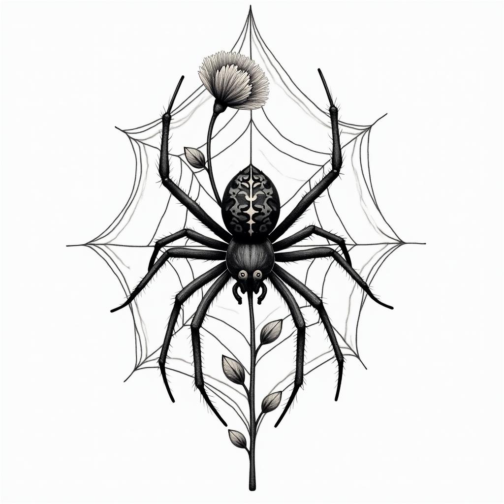 Small spider on web with flowers with stemhigly detailed tattoo - Variation 1