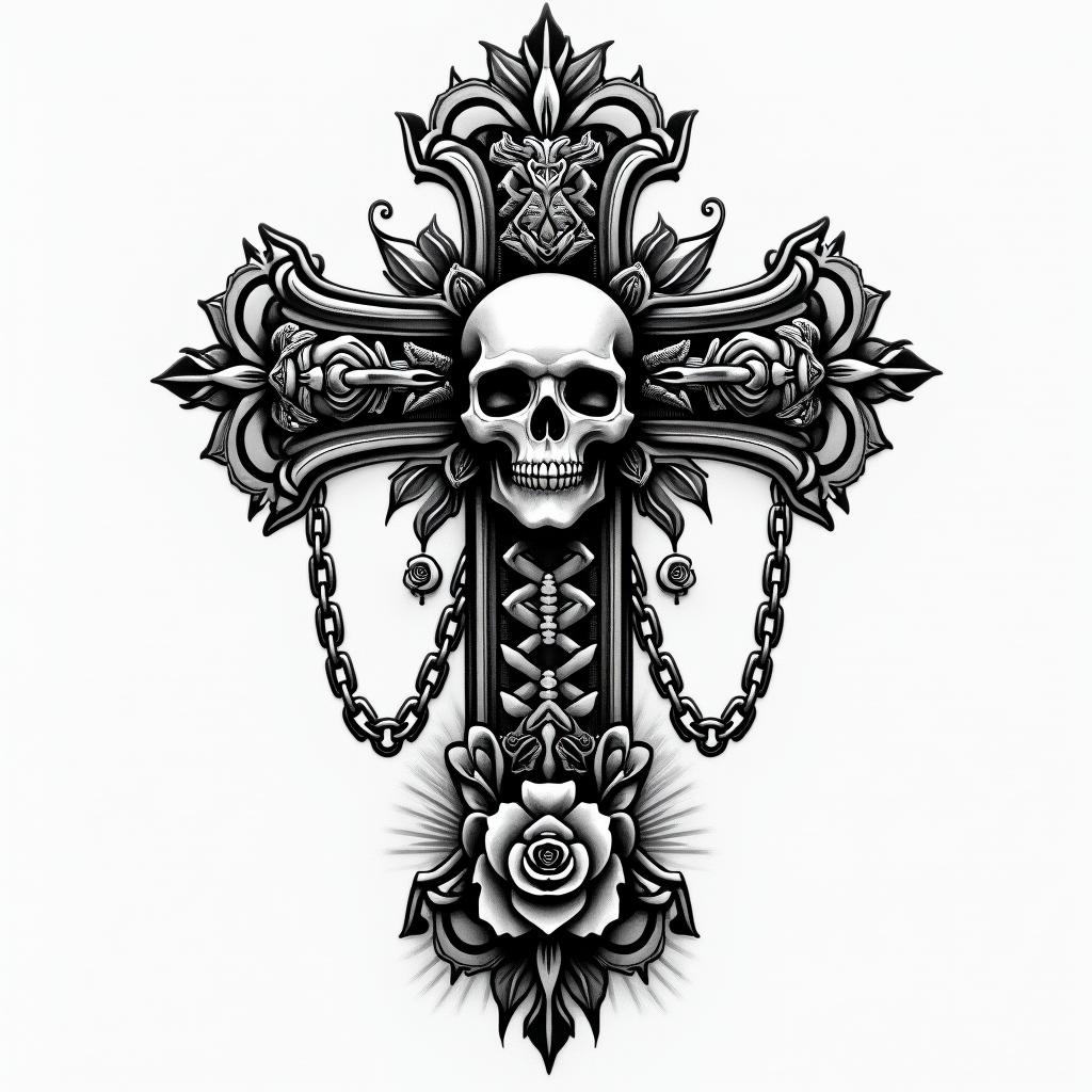 Gods of aztecasin chicano style tattoo, featuring intricate black and grey shading, bold elements of traditional chicano culture symbols, add a big cross with skull, chains and roses - Variation 4