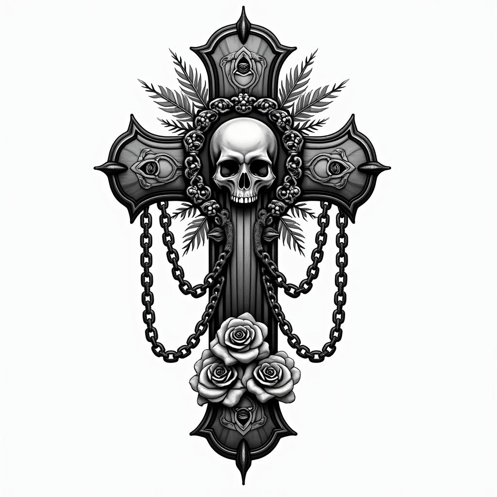 Gods of aztecasin chicano style tattoo, featuring intricate black and grey shading, bold elements of traditional chicano culture symbols, add a big cross with skull, chains and roses - Variation 3