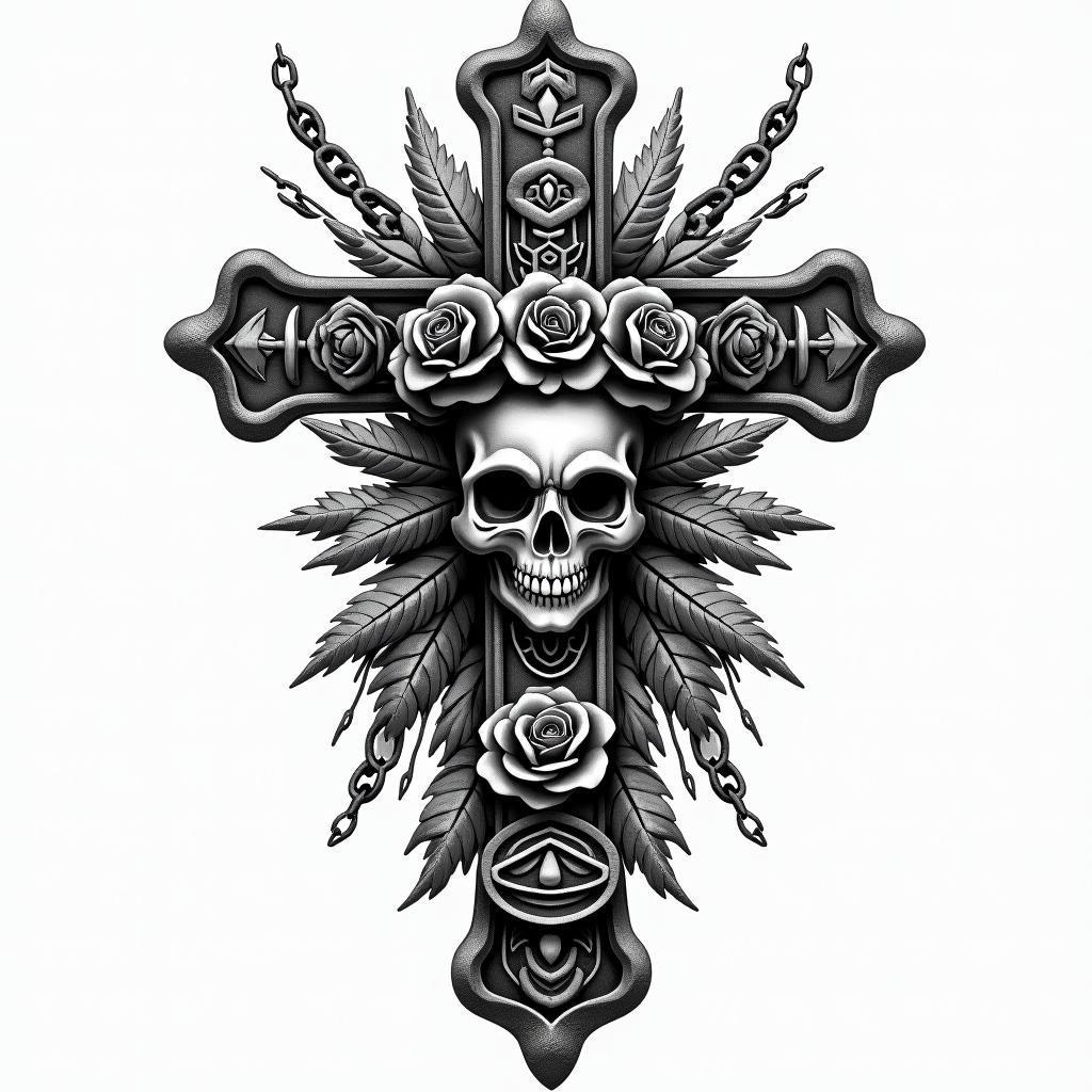 Gods of aztecasin chicano style tattoo, featuring intricate black and grey shading, bold elements of traditional chicano culture symbols, add a big cross with skull, chains and roses - Variation 2