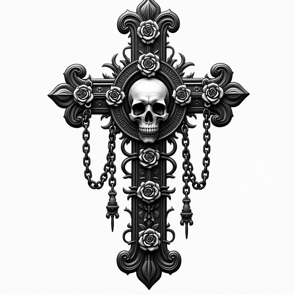 Gods of aztecasin chicano style tattoo, featuring intricate black and grey shading, bold elements of traditional chicano culture symbols, add a big cross with skull, chains and roses