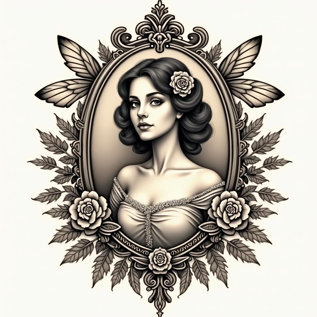 Name SARA with honeybee backgroundin victorian style tattoo, featuring vintage and elegant elements, ornate frames, roses, antique, sepia-toned color scheme - Variation 3
