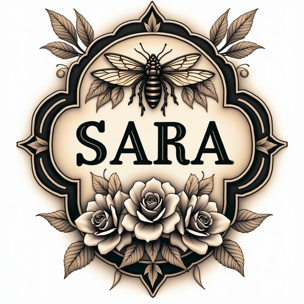 Name SARA with honeybee backgroundin victorian style tattoo, featuring vintage and elegant elements, ornate frames, roses, antique, sepia-toned color scheme - Variation 2