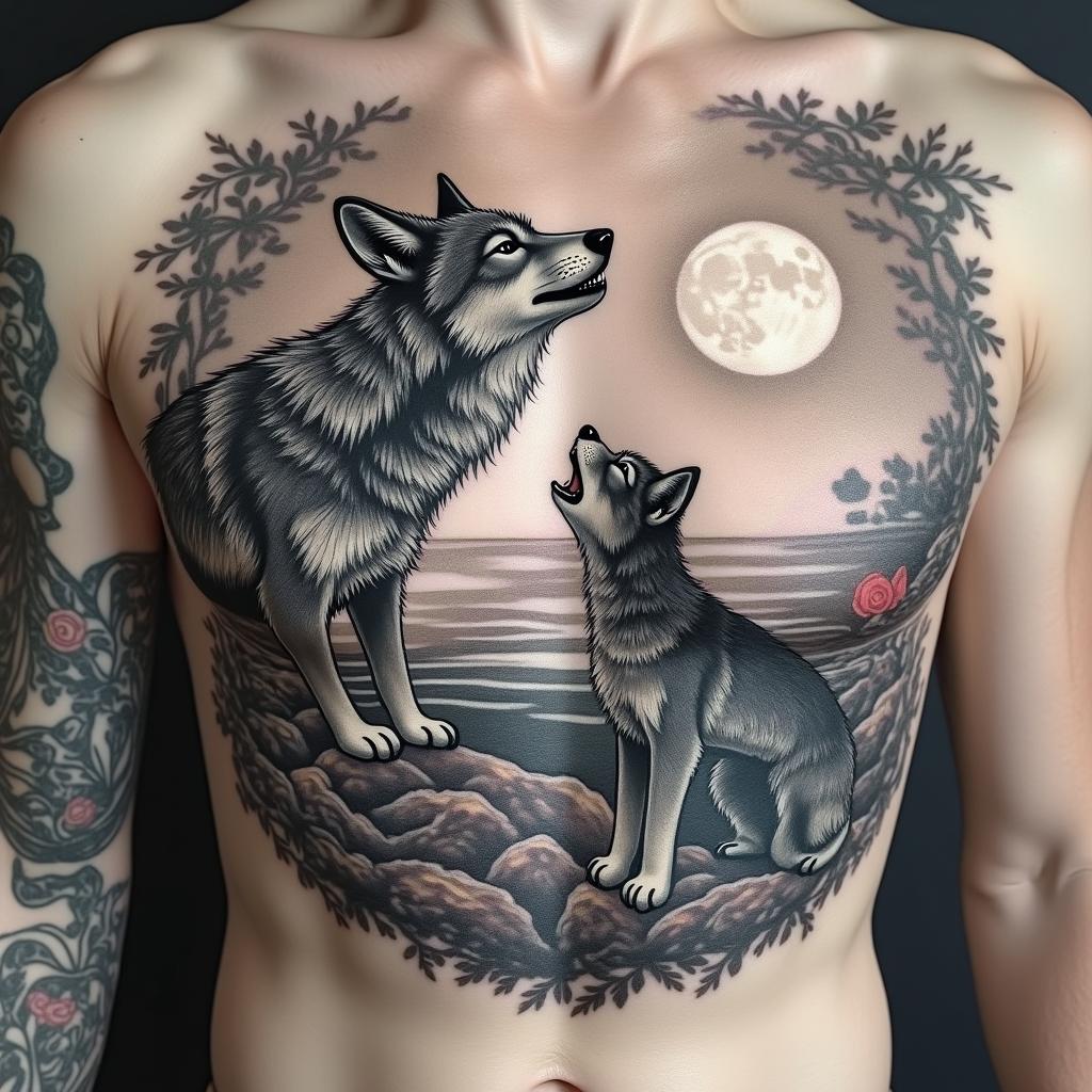 Howling wolf and cub under a full moon on a cliff overlooking the waterin authentic tattoo style, incorporating traditional modifications, bold black outlines, solid color fills, featuring classic authentic elements