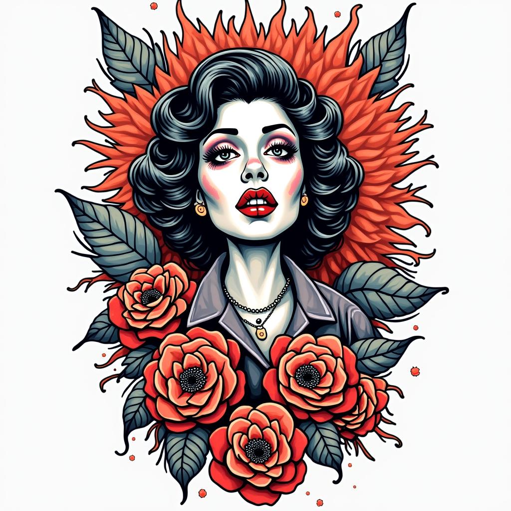 18, pounds, Maria Nikelly, Fortaleza Cearáin pop art style tattoo, featuring bold and vibrant colors, exaggerated outlines, iconic imagery, inspired by comic books and speech bubbles, comic book characters, retro pop culture - Variation 2