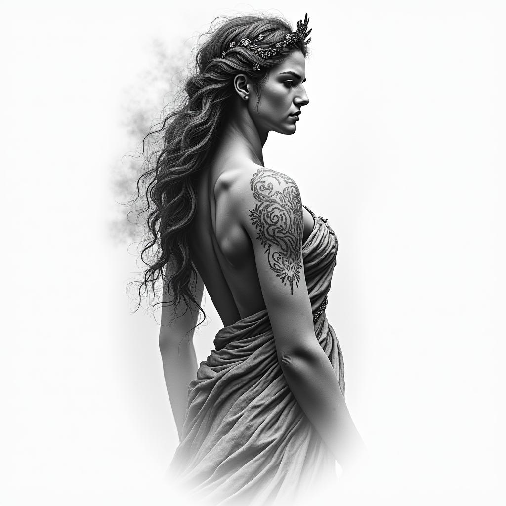Athena, the goddess of war, firehigly detailed tattoo - Variation 60
