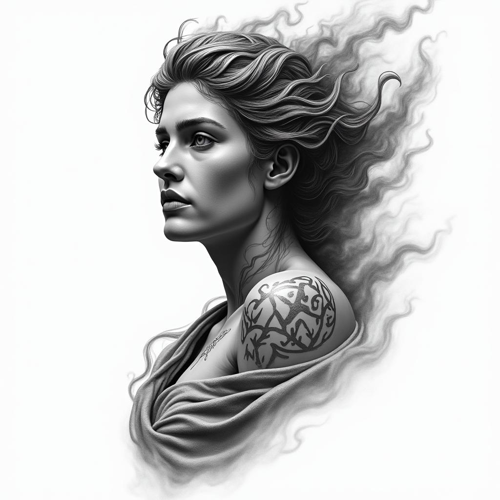 Athena, the goddess of war, firehigly detailed tattoo - Variation 62
