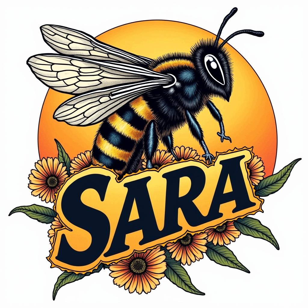 Name SARA with honeybee backgroundin pop art style tattoo, featuring bold and vibrant colors, exaggerated outlines, iconic imagery, inspired by comic books and speech bubbles, comic book characters, retro pop culture - Variation 3