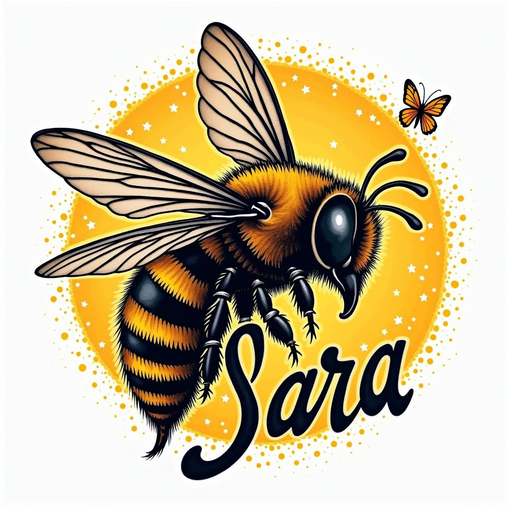 Name SARA with honeybee backgroundin pop art style tattoo, featuring bold and vibrant colors, exaggerated outlines, iconic imagery, inspired by comic books and speech bubbles, comic book characters, retro pop culture - Variation 2