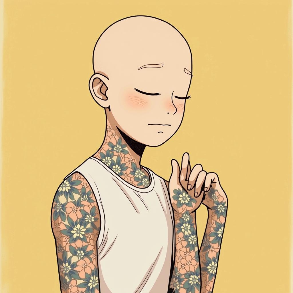 Floral design
Ghibli, Studio Ghibli aesthetic, hand-drawn anime style, retro nostalgic atmosphere, retro soft pastel color palette with earthy tones, retro Japanese cinematic shot, yellow tint effect, bald character, smooth surface, anime shadow 90's anime style