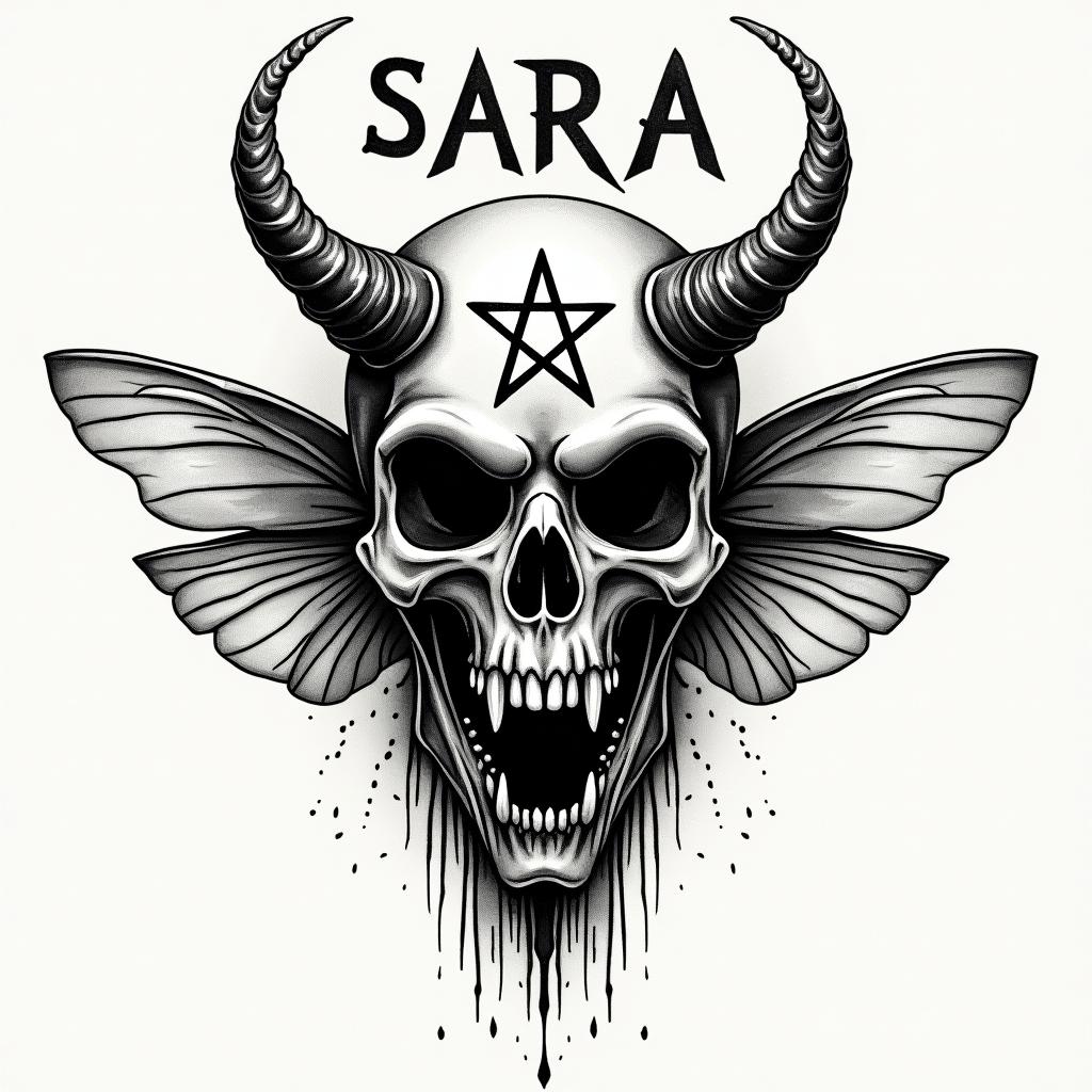 Name SARA with honeybee backgroundcreepy horror tattoo style, featuring an eerie and unsettling skull of a demonic creature, distorted face with sharp fangs, add pentagram symbol - Variation 2