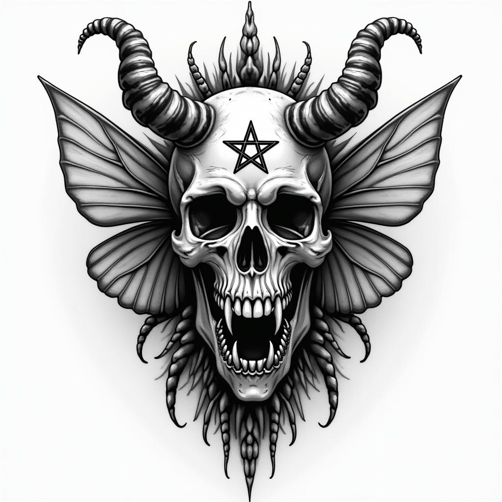 Name SARA with honeybee backgroundcreepy horror tattoo style, featuring an eerie and unsettling skull of a demonic creature, distorted face with sharp fangs, add pentagram symbol - Variation 1