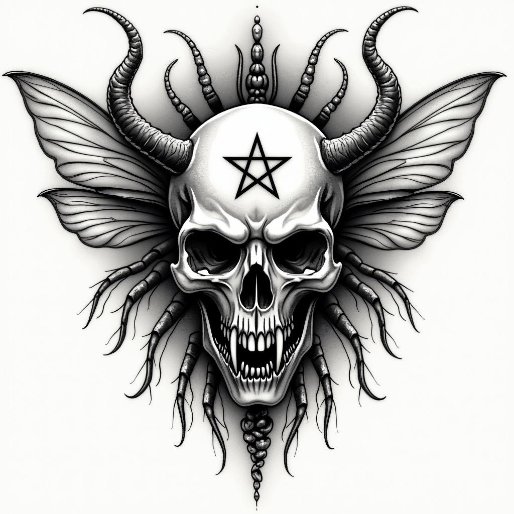 Name SARA with honeybee backgroundcreepy horror tattoo style, featuring an eerie and unsettling skull of a demonic creature, distorted face with sharp fangs, add pentagram symbol - Variation 4