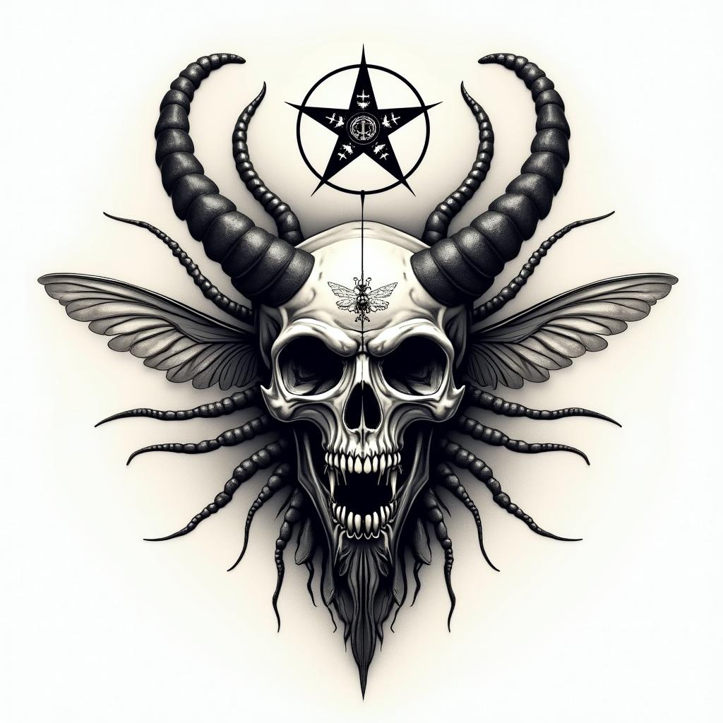 Name SARA with honeybee backgroundcreepy horror tattoo style, featuring an eerie and unsettling skull of a demonic creature, distorted face with sharp fangs, add pentagram symbol - Variation 3