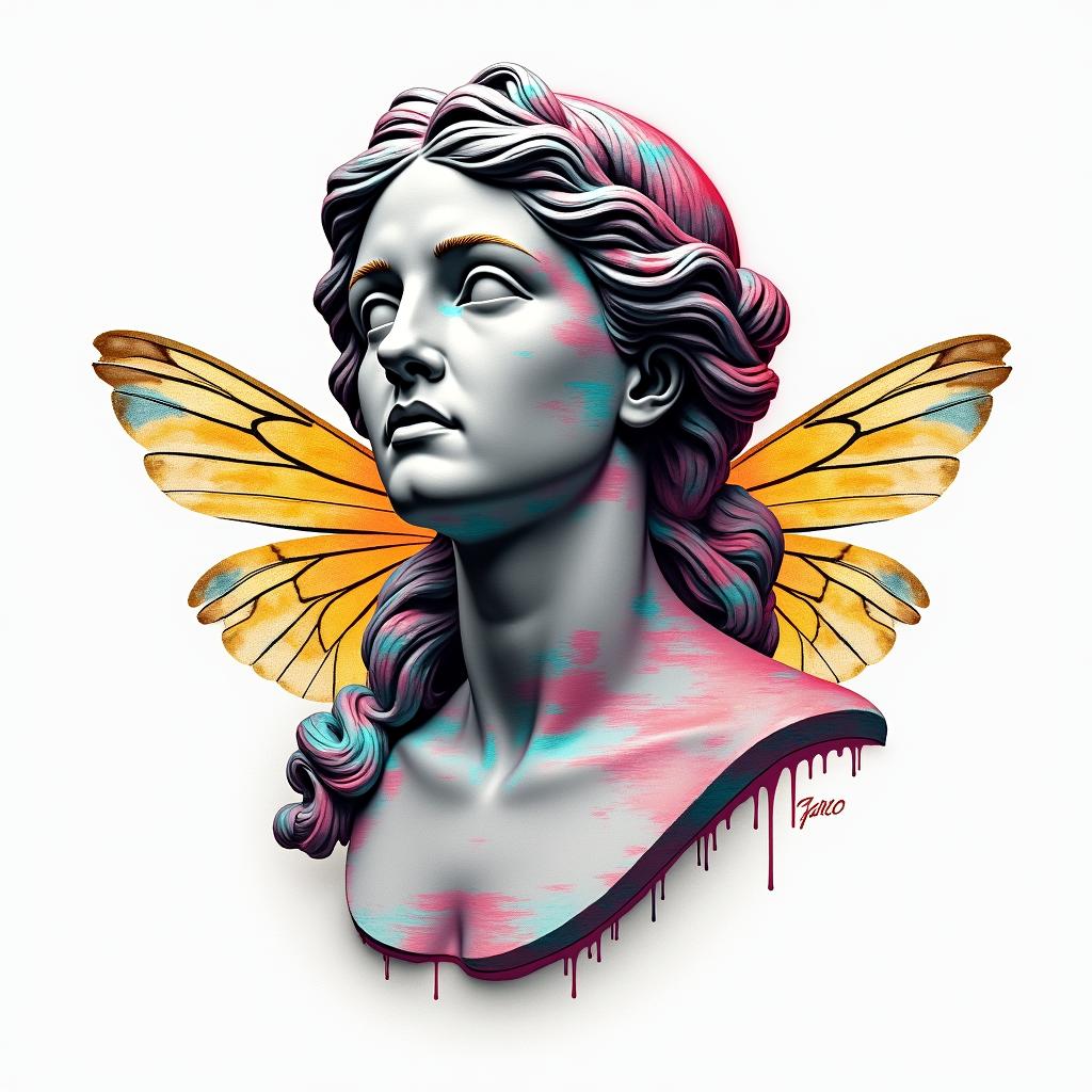 Name SARA with honeybee backgroundin distorted and fragmented tattoo design, featuring a classical statue bust, in a glitch art style with vibrant, overlapping colors of cyan, magenta, and yellow, creating a digital distortion effect - Variation 4