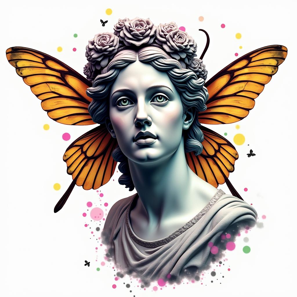 Name SARA with honeybee backgroundin distorted and fragmented tattoo design, featuring a classical statue bust, in a glitch art style with vibrant, overlapping colors of cyan, magenta, and yellow, creating a digital distortion effect - Variation 3