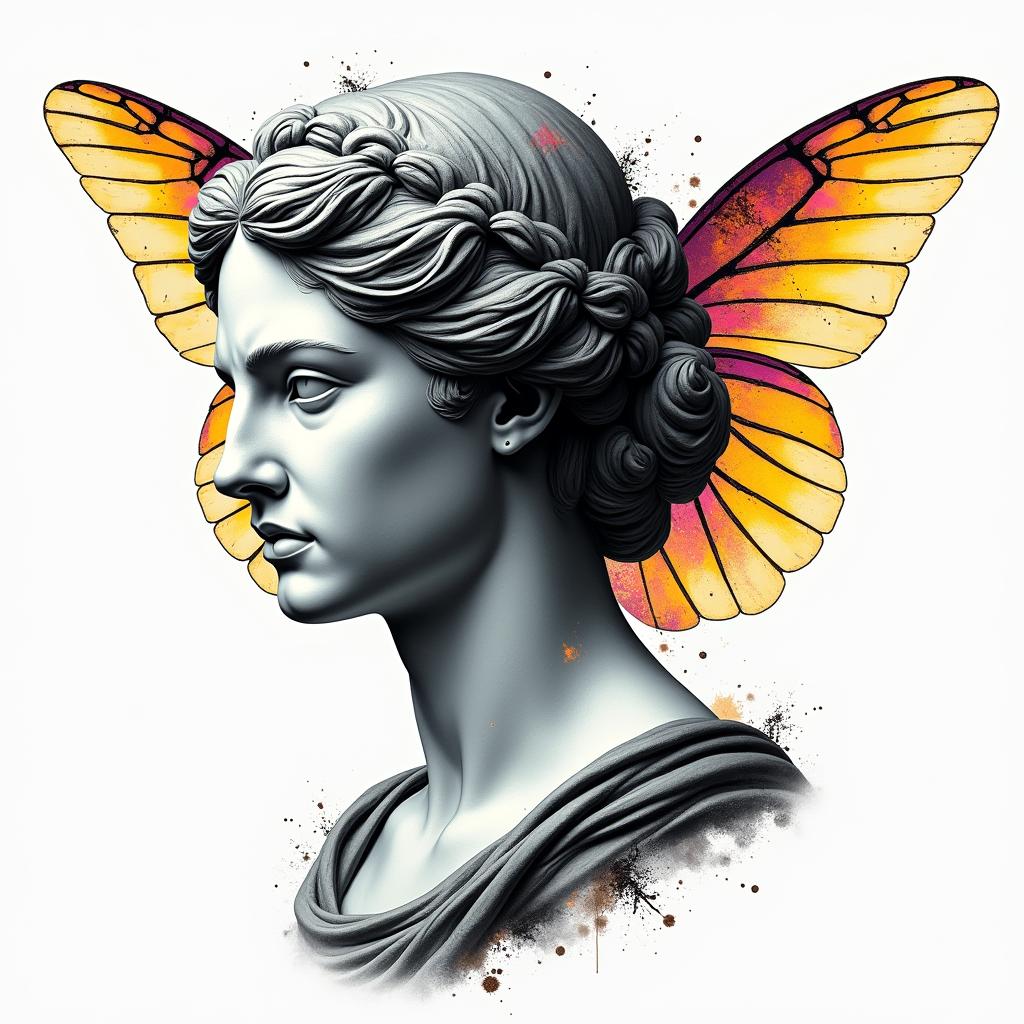 Name SARA with honeybee backgroundin distorted and fragmented tattoo design, featuring a classical statue bust, in a glitch art style with vibrant, overlapping colors of cyan, magenta, and yellow, creating a digital distortion effect - Variation 2