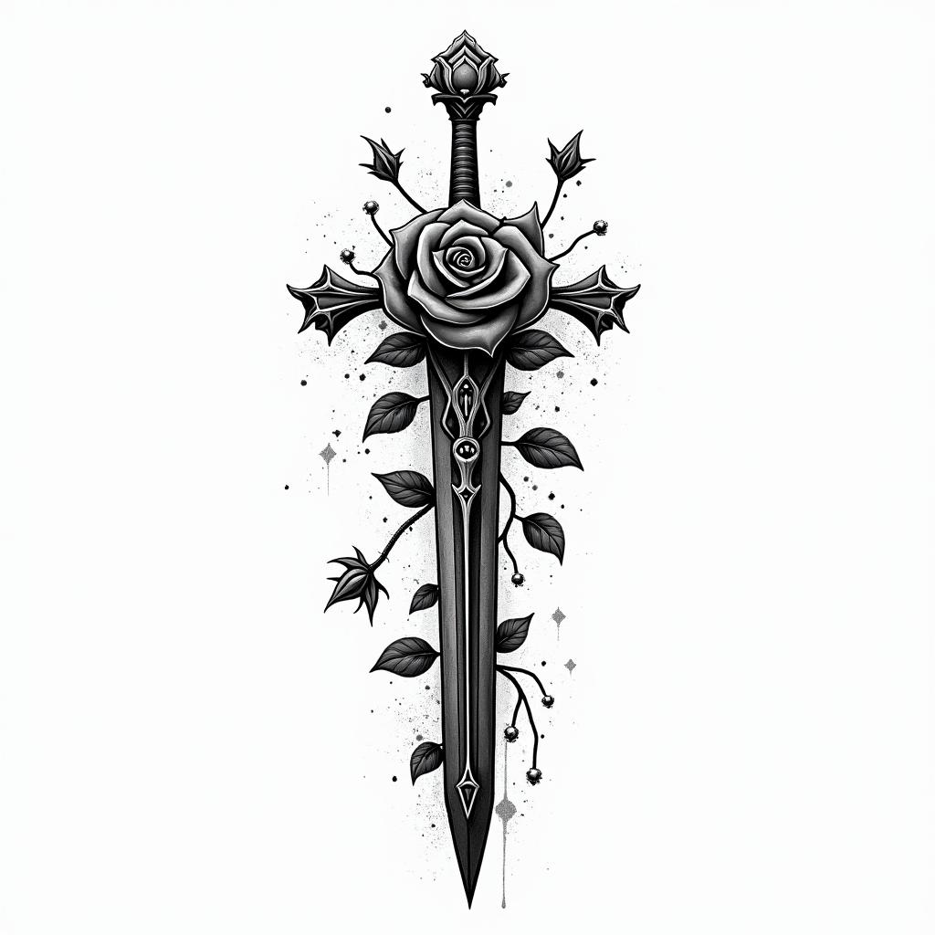 Sword with a rose full of thornsin graffiti style tattoo, featuring bold and dynamic street art elements, spray-paint texture with exaggerated lines and expressive, chaotic brushstrokes, intricate lettering incorporated with graffiti tags, symbols like hearts, stars, and wings - Variation 2