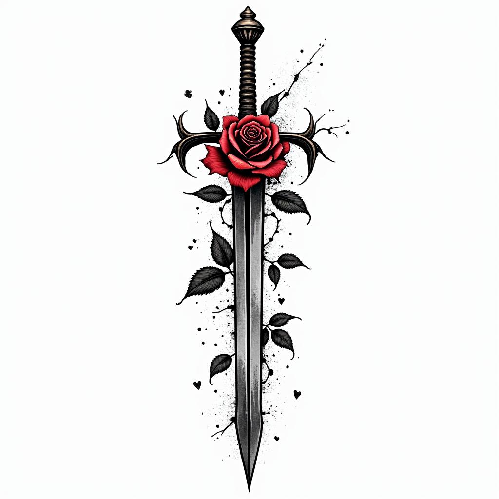 Sword with a rose full of thornsin graffiti style tattoo, featuring bold and dynamic street art elements, spray-paint texture with exaggerated lines and expressive, chaotic brushstrokes, intricate lettering incorporated with graffiti tags, symbols like hearts, stars, and wings