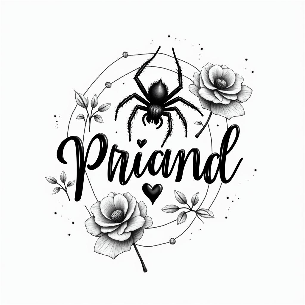 Small spider on web with flowers with stemin elegant cursive calligraphy style 2d tattoo, decorate with roses, featuring a smooth and flowing handwritten script with slightly thickened strokes for a luxurious and bold appearance,  heart symbol between names,  sleek and glossy black text with shadowing, minimalist matte white background, clean and sharp edges, illuminated with soft lighting, romantic, 8k, high-quality textures with refined typography - Variation 8