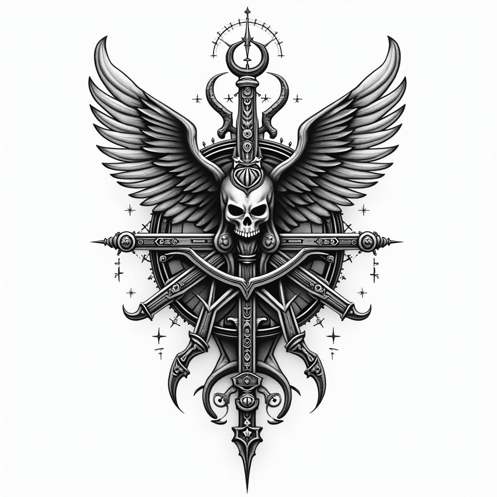 Vikingin paganic style tattoo, featuring ancient symbols, add vegvisir symbol, mystical figures, incorporating designs, pentagrams, runes, crescent moons, - Variation 4