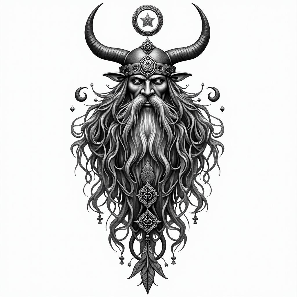 Vikingin paganic style tattoo, featuring ancient symbols, add vegvisir symbol, mystical figures, incorporating designs, pentagrams, runes, crescent moons, - Variation 5