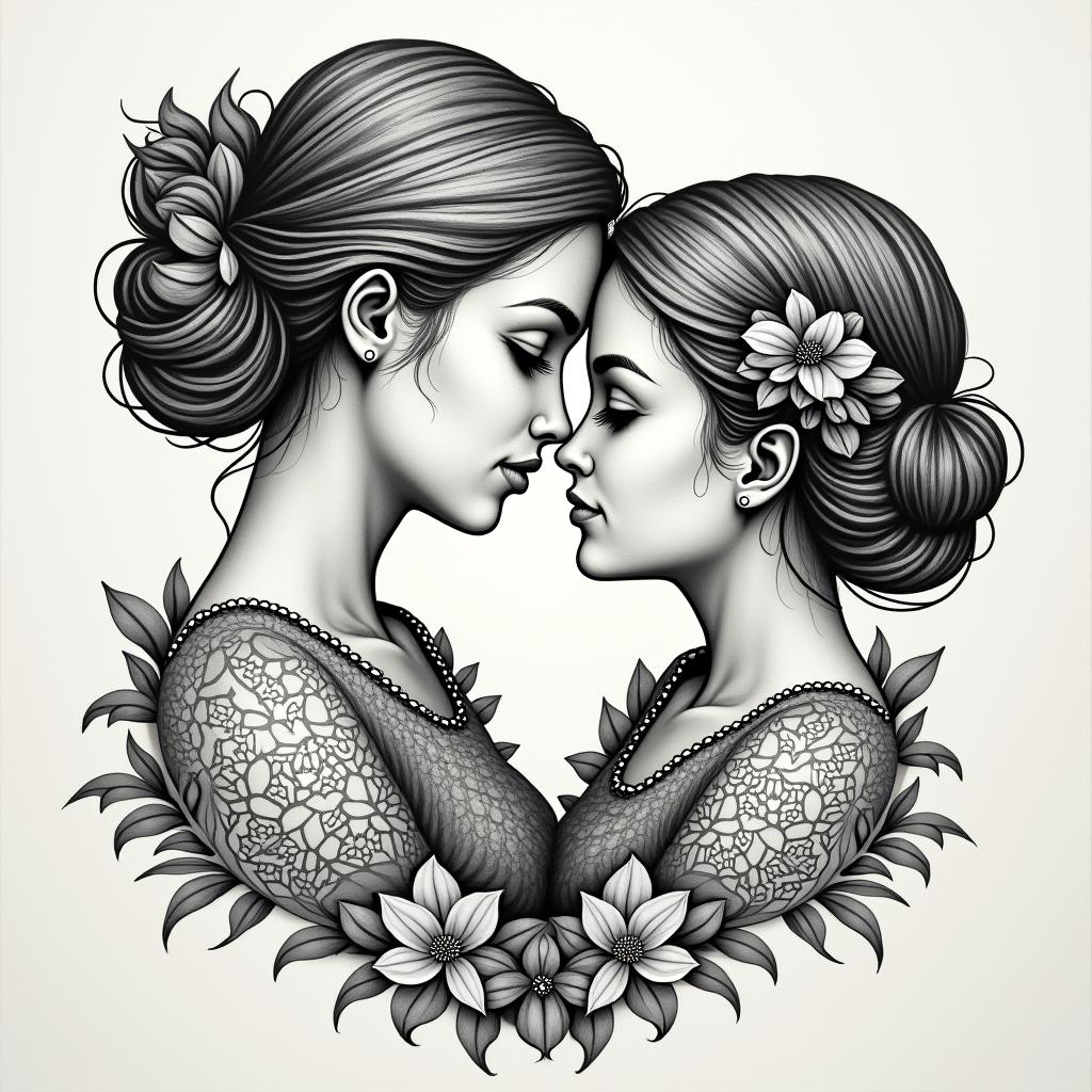 Mom and kidsin ornamental tattoo style, featuring intricate symmetrical patterns and floral designs, showcasing highly detailed line work and geometric shapes, creating a sense of elegance and balance