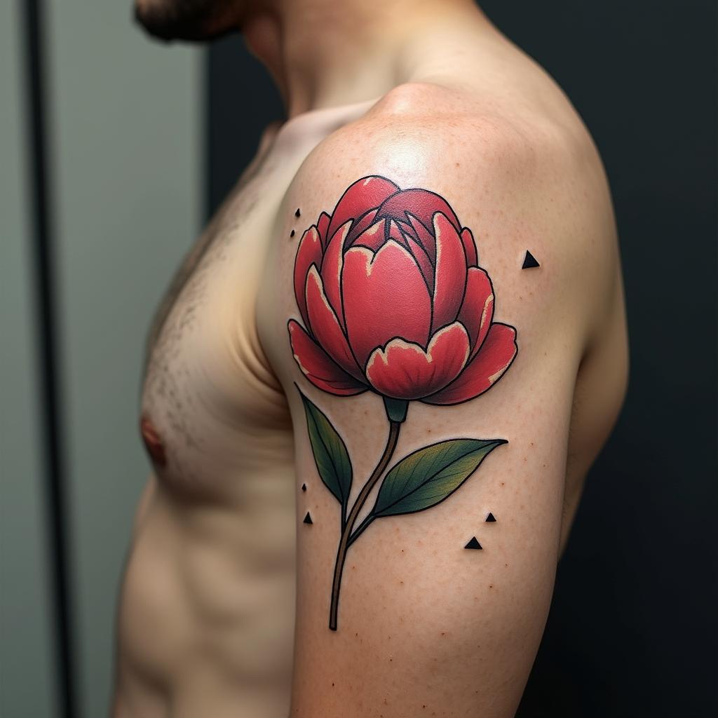 geo peonyin minimalist style tattoo, featuring simple shapes and fine lines, with minimal shading and details, tiny triangles, creating a sense of balance and harmony - Variation 1