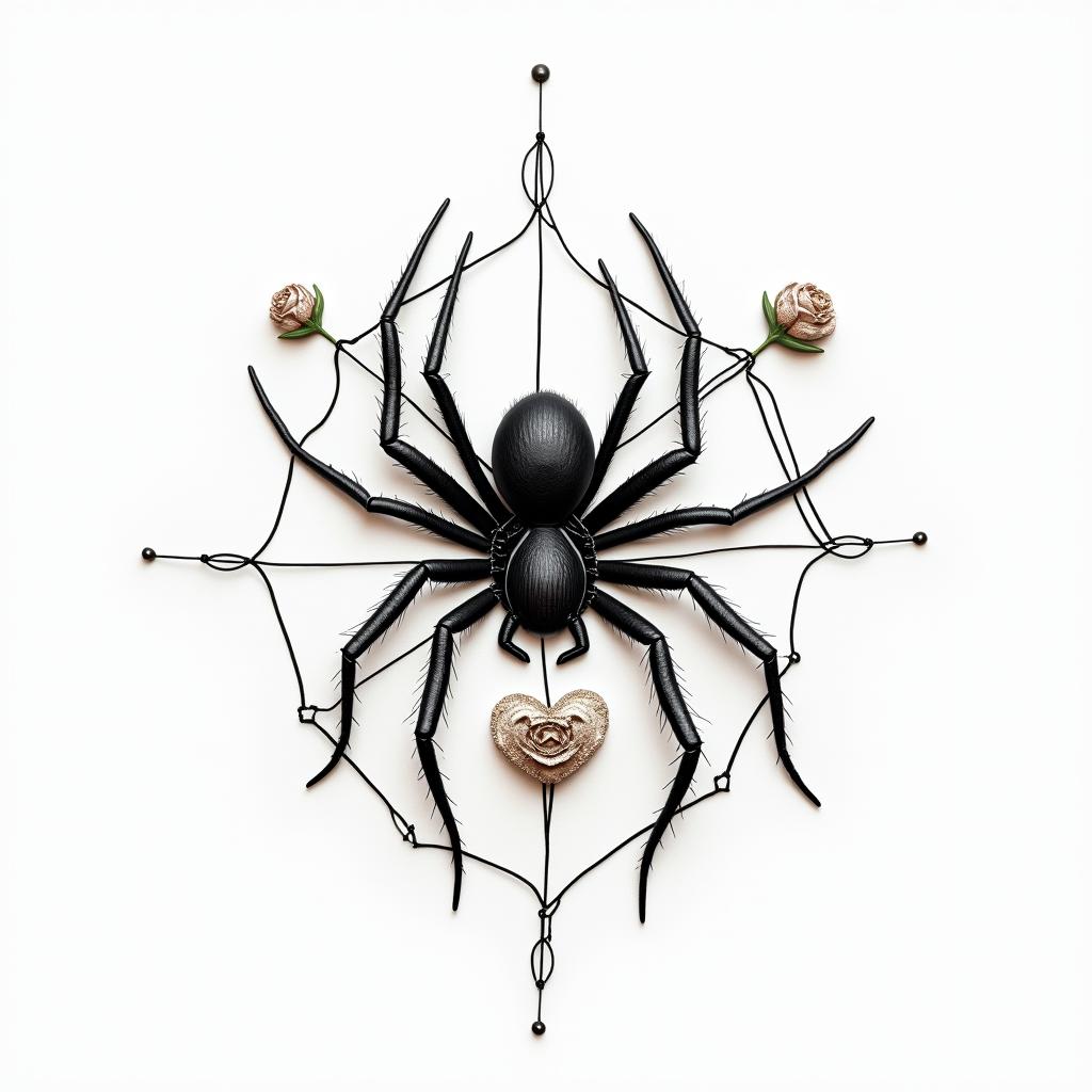 Small spider on web with flowers with stemin elegant cursive calligraphy style 2d tattoo, decorate with roses, featuring a smooth and flowing handwritten script with slightly thickened strokes for a luxurious and bold appearance,  heart symbol between names,  sleek and glossy black text with shadowing, minimalist matte white background, clean and sharp edges, illuminated with soft lighting, romantic, 8k, high-quality textures with refined typography