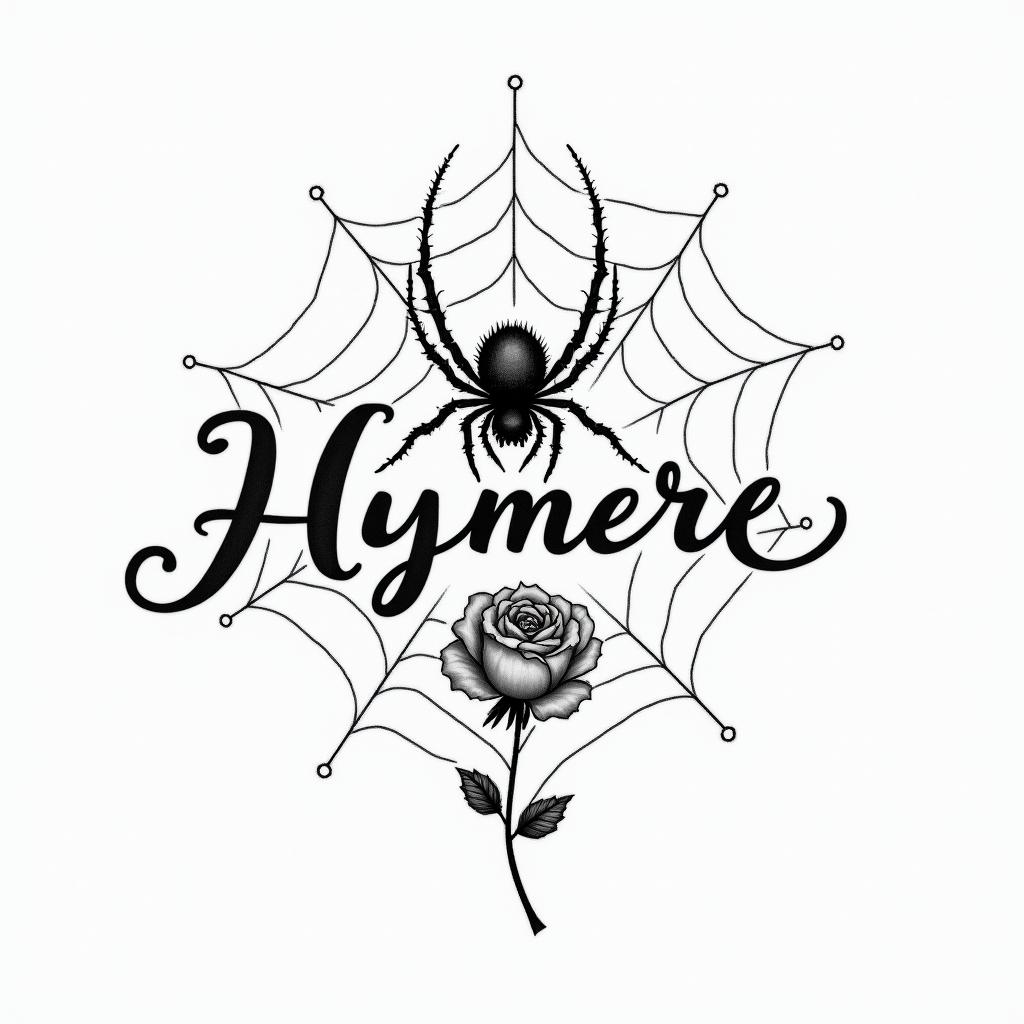 Small spider on web with flowers with stemin elegant cursive calligraphy style 2d tattoo, decorate with roses, featuring a smooth and flowing handwritten script with slightly thickened strokes for a luxurious and bold appearance,  heart symbol between names,  sleek and glossy black text with shadowing, minimalist matte white background, clean and sharp edges, illuminated with soft lighting, romantic, 8k, high-quality textures with refined typography - Variation 2