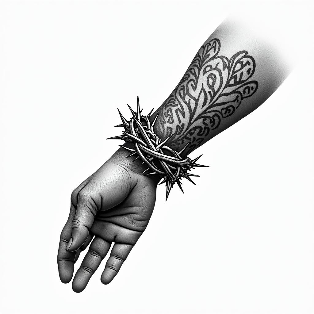 crown of thorn bracelet around wristin authentic tattoo style, incorporating traditional modifications, bold black outlines, solid color fills, featuring classic authentic elements - Variation 2