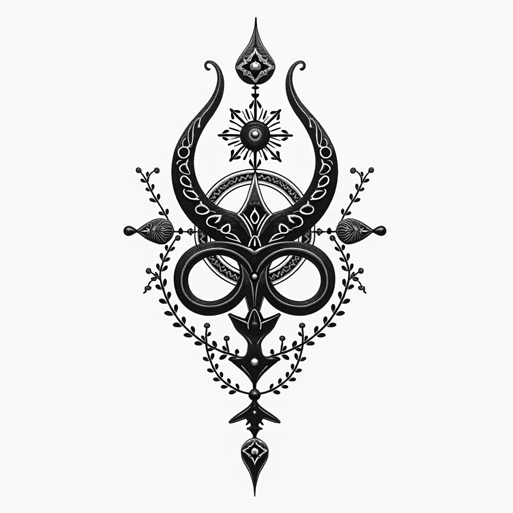 In memory of Sister and Mumin spiritual symbols tattoo style, featuring an intricate design incorporating elements, Hamsa hand, third eye, minimalist composition - Variation 3