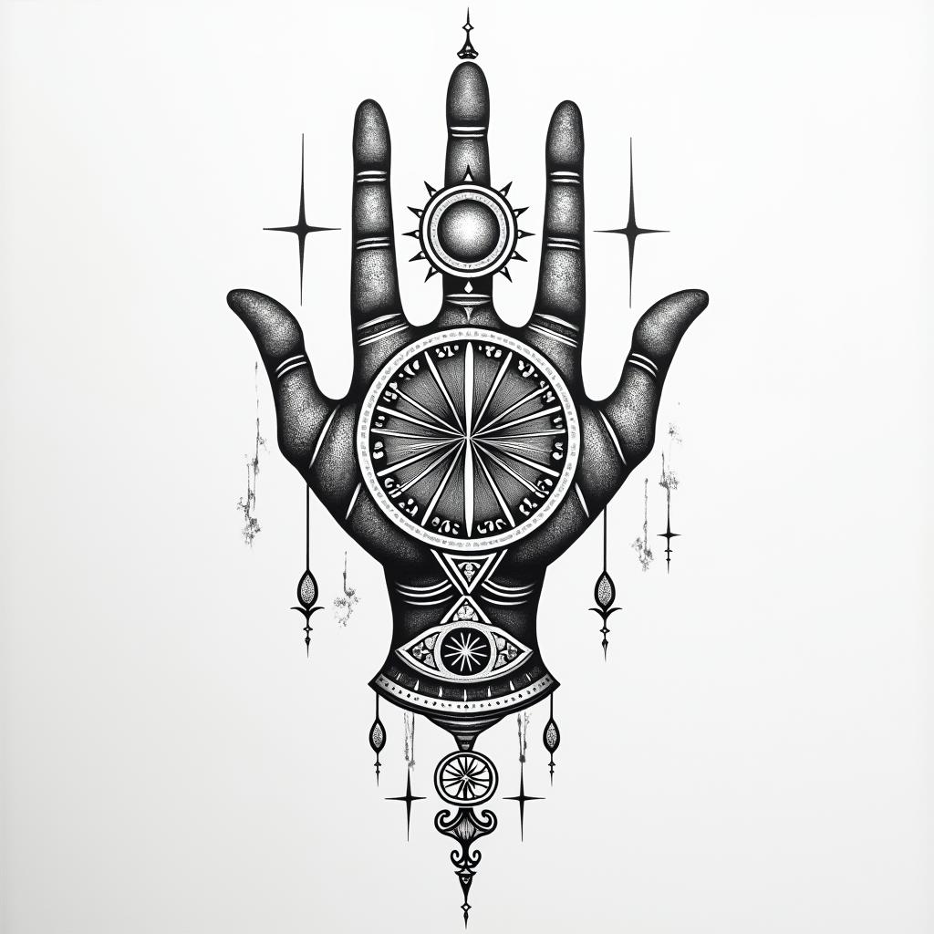 In memory of Sister and Mumin spiritual symbols tattoo style, featuring an intricate design incorporating elements, Hamsa hand, third eye, minimalist composition - Variation 2