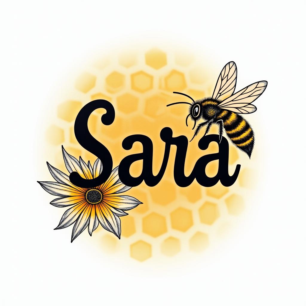 Name SARA with honeybee backgroundtext-based tattoo, japanese font ultra-realistic, perfectly placed, high-quality font design, photo-realistic shading, 8k, high quality, finely detailed typograph - Variation 2