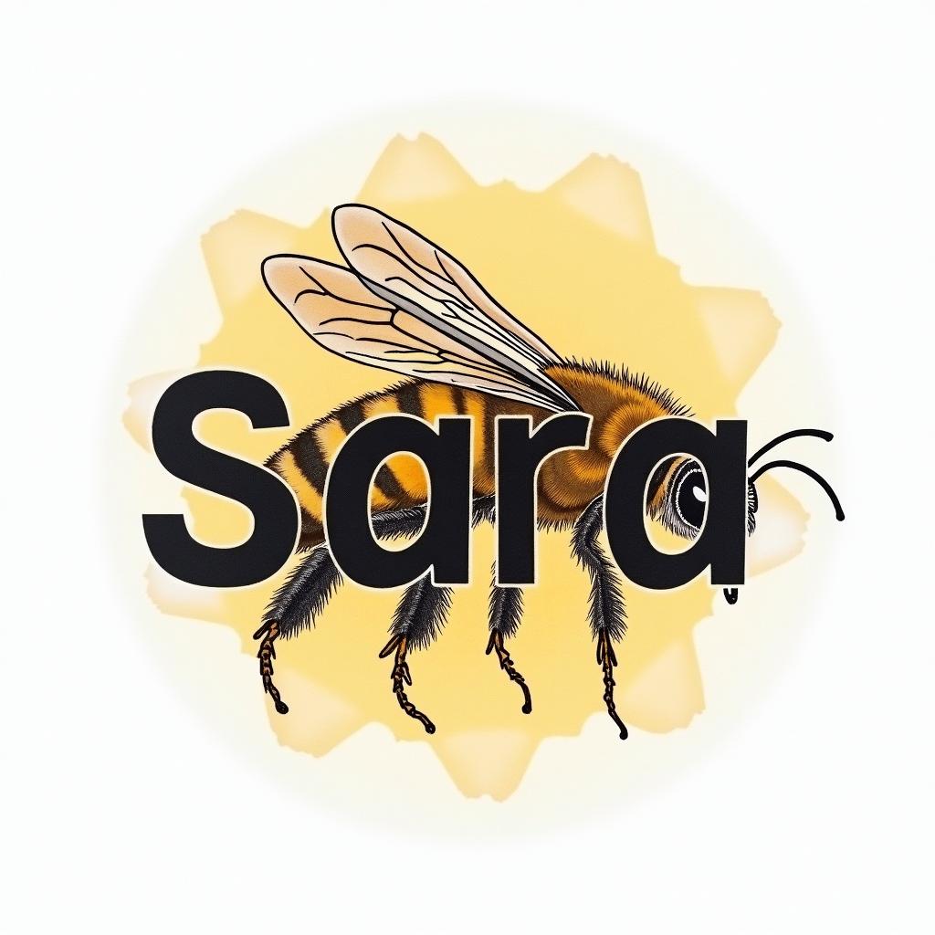 Name SARA with honeybee backgroundtext-based tattoo, japanese font ultra-realistic, perfectly placed, high-quality font design, photo-realistic shading, 8k, high quality, finely detailed typograph - Variation 3