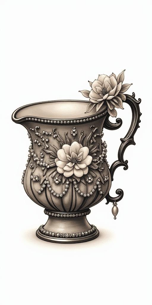 Teacup from the Victorian Renaissance era, heavily draped and adorned in pearls and chains with inlays of jewels and precious gemstones.in victorian style tattoo, featuring vintage and elegant elements, ornate frames, roses, antique, sepia-toned color scheme