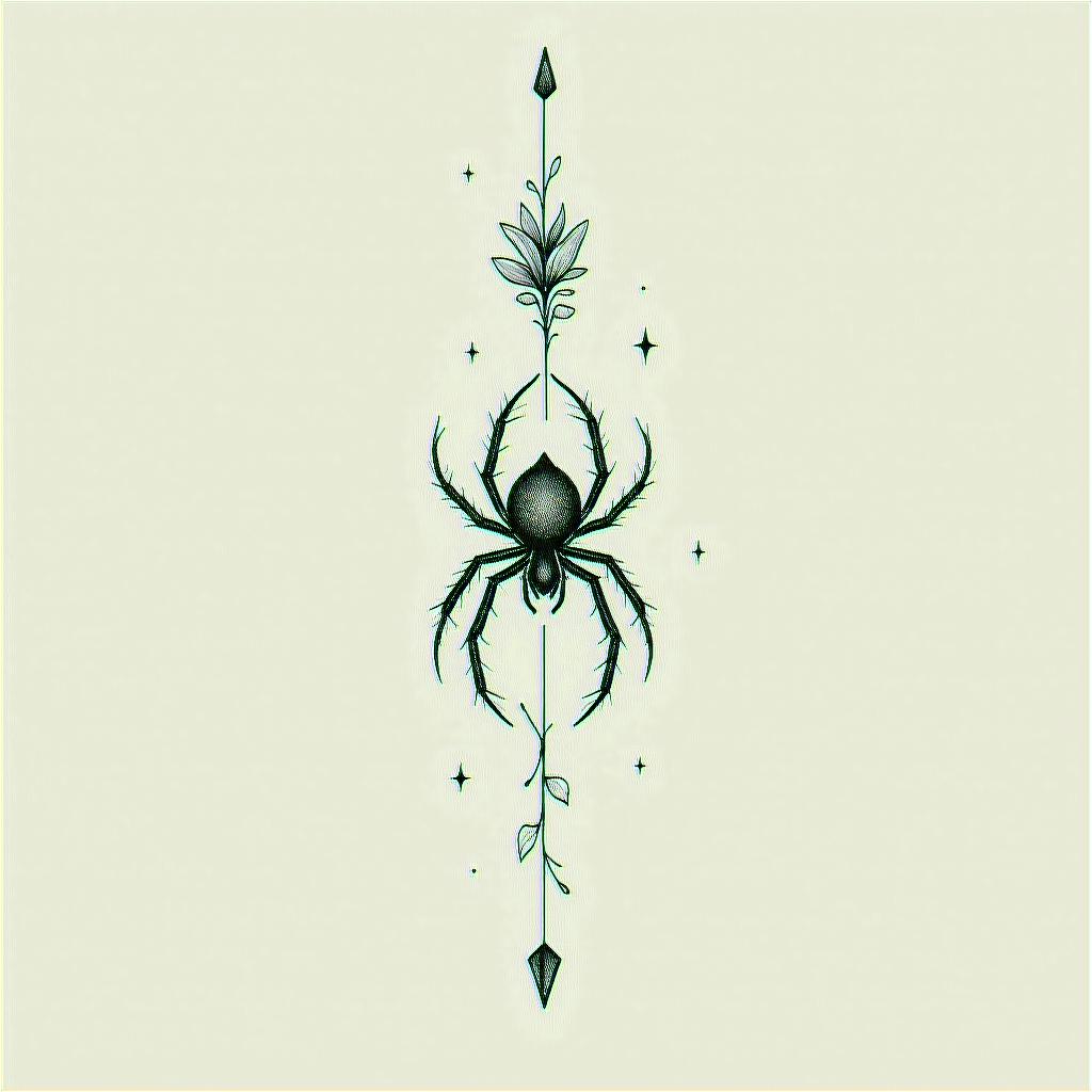 Small spider on web with flowers with stemin minimalist style tattoo, featuring simple shapes and fine lines, with minimal shading and details, tiny triangles, creating a sense of balance and harmony - Variation 13