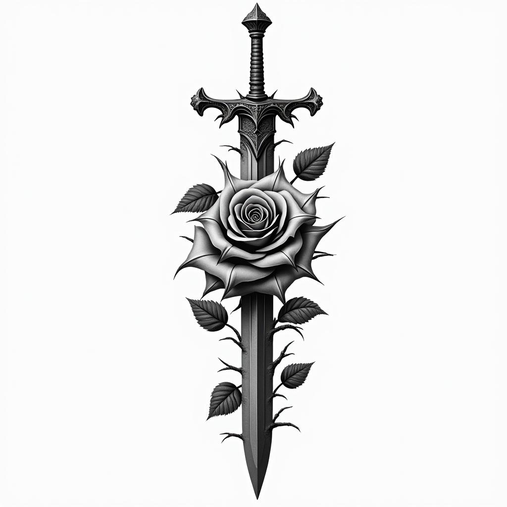Sword with a rose full of thornsin realism tattoo style, featuring a highly detailed, lifelike, capturing every detail, photorealistic, ultra realistic, intricate shading, smooth and sharp,   - Variation 3